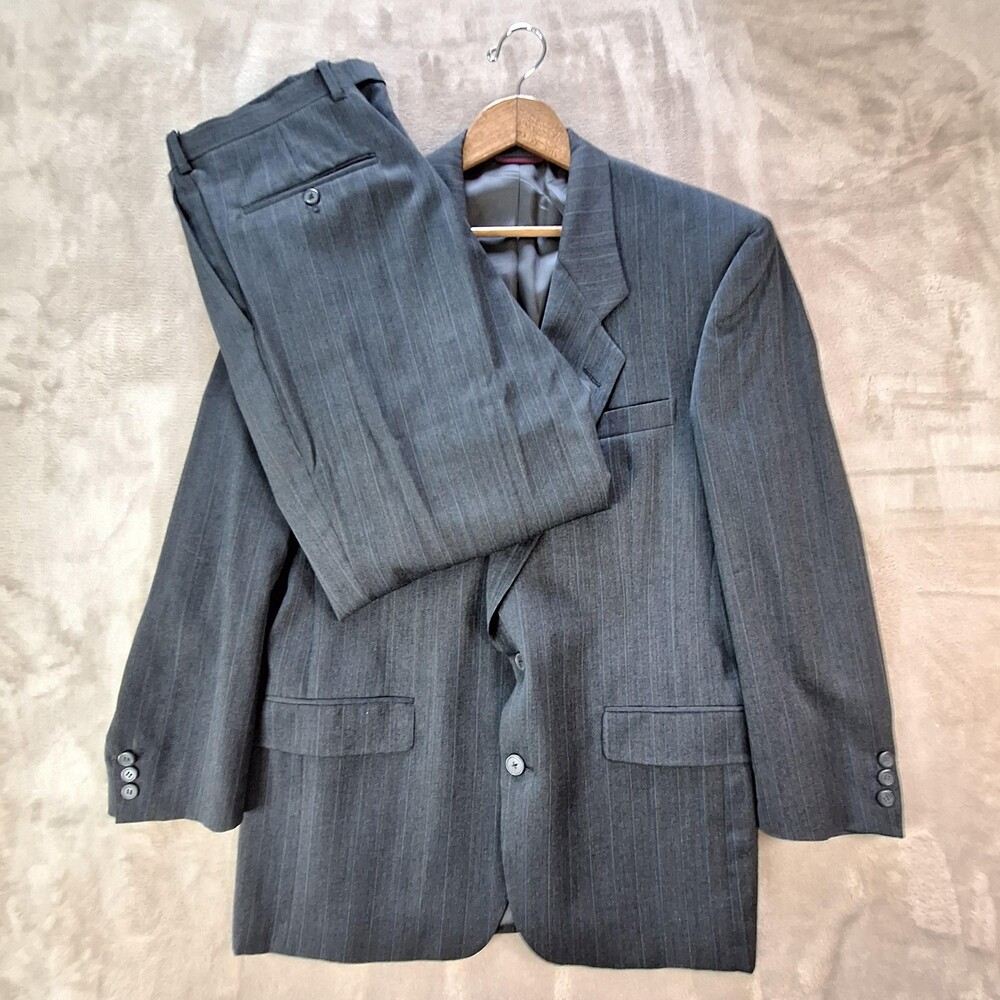 Vintage Hart Schaffner Marx Suit Mens 40 30x28 Gray Wool Stripe Ventless 2 Piece